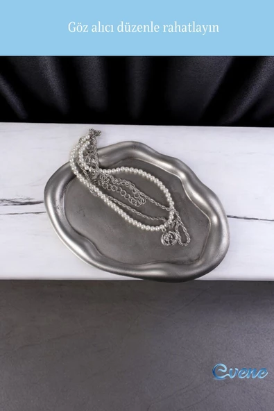 Evene Takı Organizer Makyaj Düzenleyici Kozmetik Organizer Dekoratif Tabak Gümüş Eskitme Renk Model 18 - Resim 2