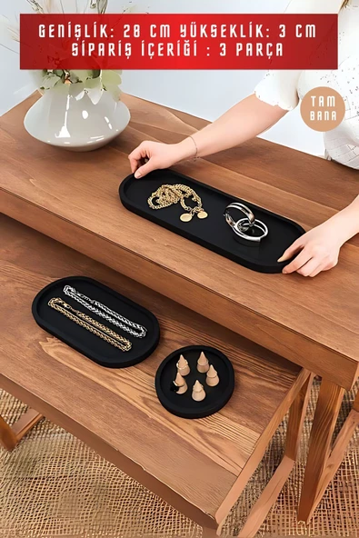 tambana Siyah Sunumluk Takı Tabağı Dekoratif Tepsi Obje Seti 3 Parça Model 1001 - Resim 3