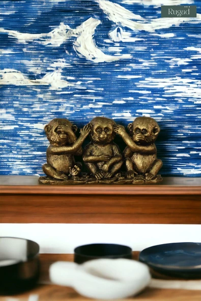 Rugad Biblo Dekoratif Heykel 3 Maymun Biblosu Altın Eskitme Renk Model 30 - Resim 2