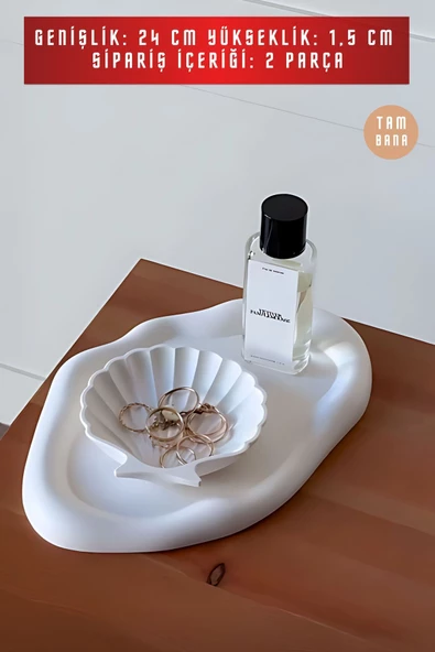 tambana Beyaz Sunumluk Takı Tabağı Dekoratif Tepsi Obje Seti 2 Parça Model 1008 - Resim 3