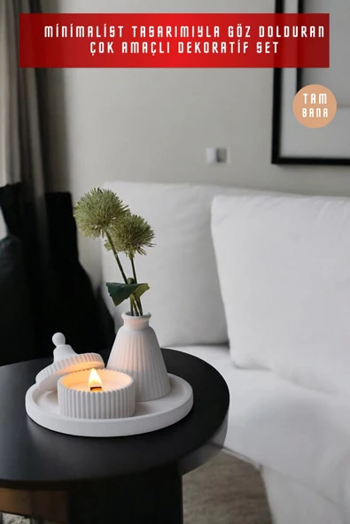 tambana Beyaz Sunumluk Takı Tabağı Dekoratif Tepsi Obje Seti 3 Parça Model 1048 - Resim 2