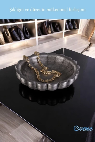 Evene Takı Organizer Makyaj Düzenleyici Kozmetik Organizer Dekoratif Tabak Gümüş Eskitme Renk Çiçek Model - Resim 3