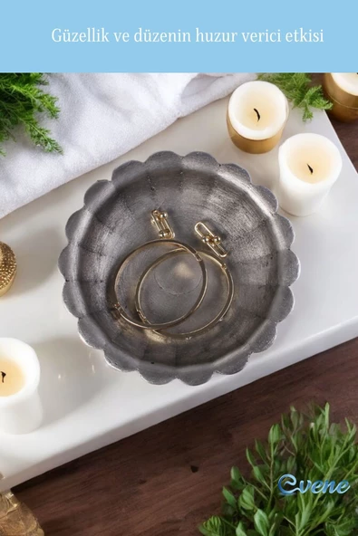 Evene Takı Organizer Makyaj Düzenleyici Kozmetik Organizer Dekoratif Tabak Gümüş Eskitme Renk Çiçek Model - Resim 5