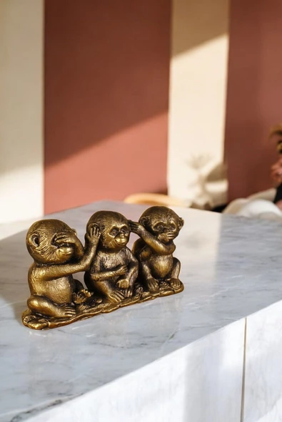 Evene Biblo Dekoratif Obje Heykel Üç Maymun Biblo Dekoratif Süs Eşyası Altın Eskitme Renk Model 30 ürün görseli 1
