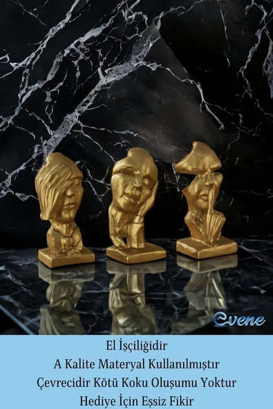Evene Biblo Dekoratif Obje Heykel Üç Maymun Biblo Dekoratif Süs Eşyası Altın Renk Model 31 - Resim 4