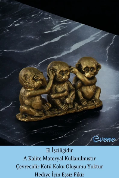 Evene Biblo Dekoratif Obje Heykel Üç Maymun Biblo Dekoratif Süs Eşyası Altın Eskitme Renk Model 30 - Resim 4