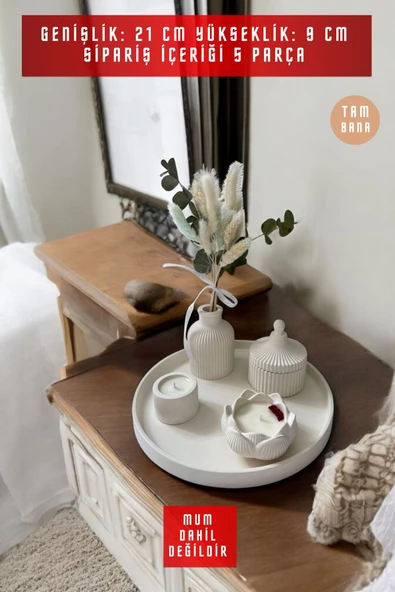 tambana Krem Sunumluk Takı Tabağı Dekoratif Tepsi Obje Seti 5 Parça Model 1024 - Resim 3