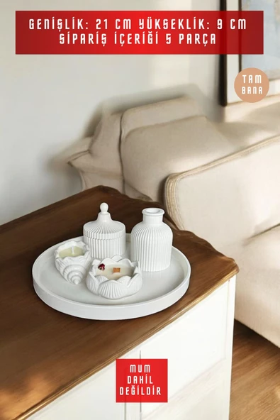 tambana Krem Sunumluk Takı Tabağı Dekoratif Tepsi Obje Seti 5 Parça Model 1025 - Resim 3