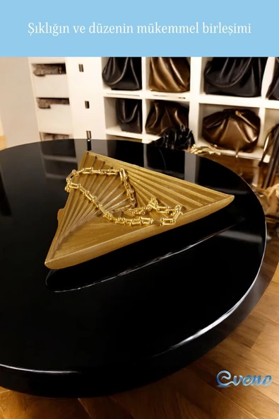 Evene Takı Organizer Makyaj Düzenleyici Kozmetik Organizer Dekoratif Tabak Altın Renk Üçgen Model - Resim 4