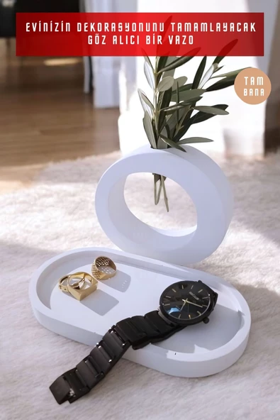 tambana Beyaz Sunumluk Takı Tabağı Dekoratif Tepsi Obje Seti 2 Parça Model 1006 - Resim 4