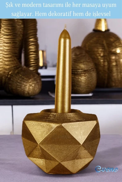 Evene Mumluk Şamdan Ince Mum Uyumlu Altın Renk Model 45 - Resim 3