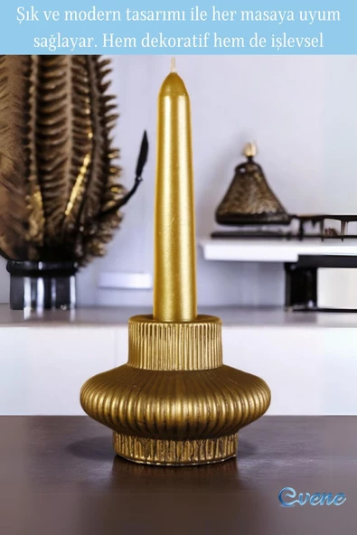 Evene Mumluk Şamdan Ince Mum Uyumlu Altın Eskitme Renk Model 15 - Resim 3