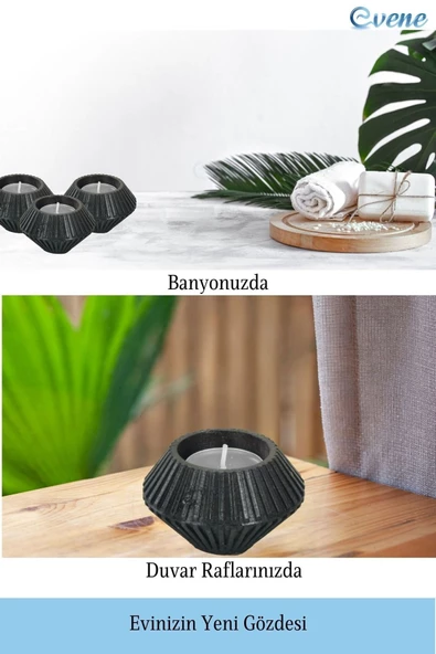 Evene Siyah Mumluk Şamdan Tealight Mum Uyumlu Elmas Çizgili Model - 4