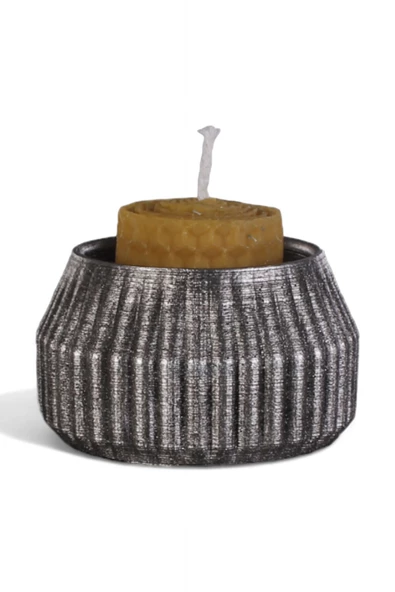 Evene Gümüş Eskitme Mumluk Şamdan Tealight Mum Uyumlu Çizgili Model
