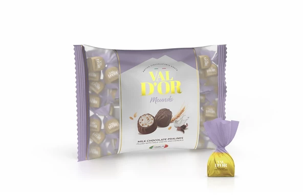 Val D’or Tahıl Patlaklı Sütlü Krema Dolgulu Mounds Çikolata 500Gr. (1 Mor Poşet)