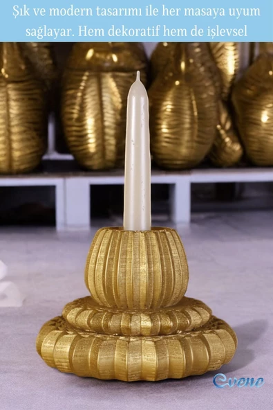 Evene Mumluk Şamdan Ince Mum Uyumlu Altın Renk Model 1 - Resim 3