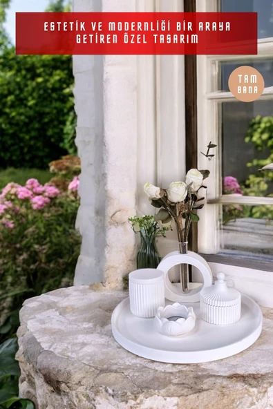 tambana Beyaz Sunumluk Takı Tabağı Dekoratif Tepsi Obje Seti 5 Parça Model 1013 - Resim 4
