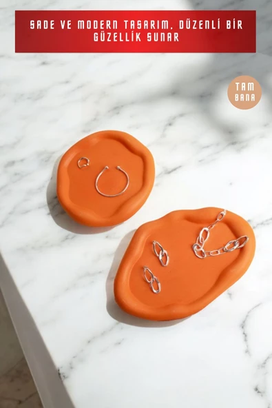 tambana Turuncu Sunumluk Takı Tabağı Dekoratif Tepsi Obje Seti 2 Parça Model 1002 - Resim 4