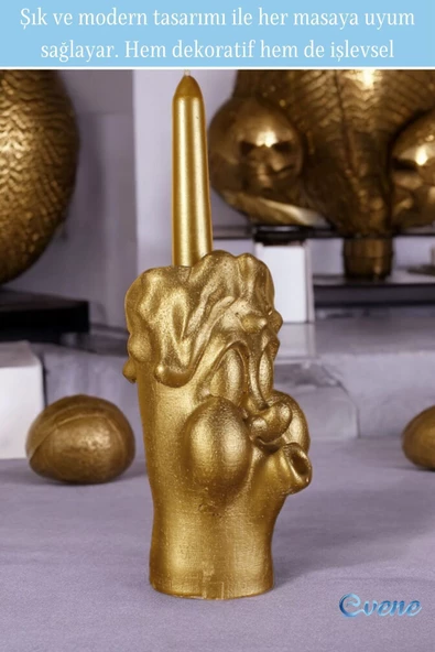 Evene Mumluk Şamdan Ince Mum Uyumlu Altın Renk Model 3 - Resim 3