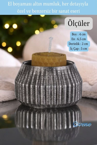 Evene Gümüş Eskitme Mumluk Şamdan Tealight Mum Uyumlu Çizgili Model - 2