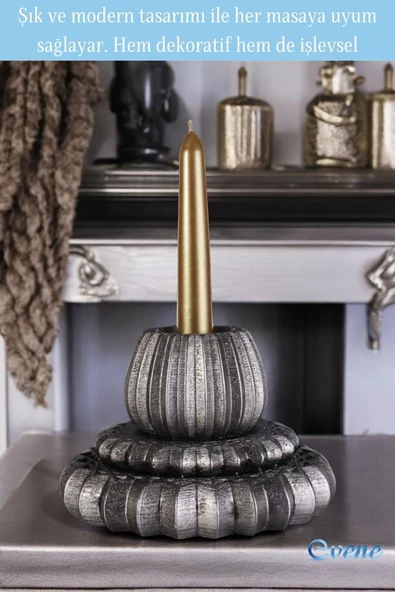 Evene Mumluk Şamdan Ince Mum Uyumlu Gümüş Eskitme Renk Model 1 - Resim 3