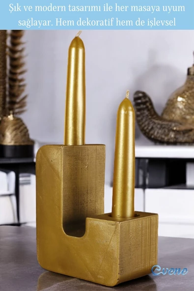 Evene Mumluk Şamdan Ince Mum Uyumlu Altın Eskitme Renk Model 12 - Resim 3