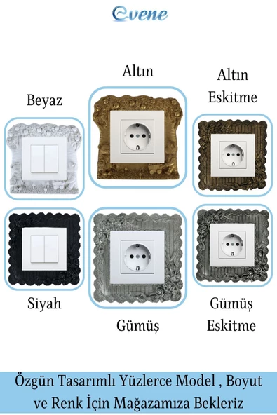 Evene Priz Süsü Dekoratif Priz Çerçevesi Anahtar Çerçevesi Altın Renk Model 1 - 6