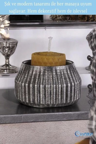 Evene Gümüş Eskitme Mumluk Şamdan Tealight Mum Uyumlu Çizgili Model - 3