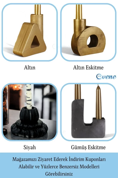Evene Mumluk Şamdan Ince Mum Uyumlu Altın Eskitme Renk Model 24 - 5