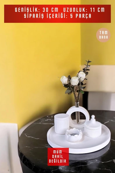 tambana Beyaz Sunumluk Takı Tabağı Dekoratif Tepsi Obje Seti 5 Parça Model 1013 - Resim 3