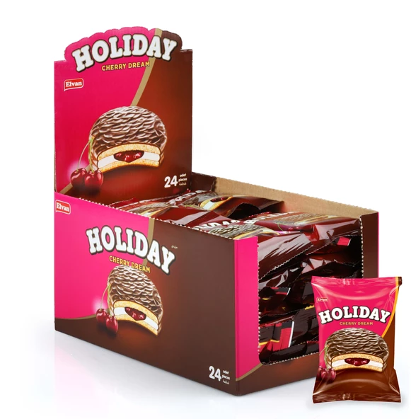 Elvan Holiday Vişneli Sandviç Bisküvi 30 Gr. 24 lü (1 Paket) ürün görseli
