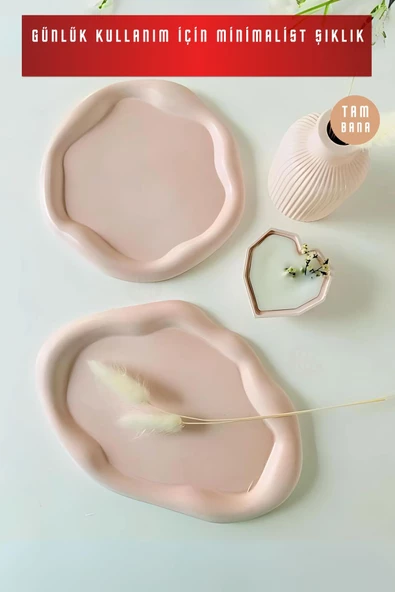tambana Pembe Sunumluk Takı Tabağı Dekoratif Tepsi Obje Seti 2 Parça Model 1002 - Resim 2