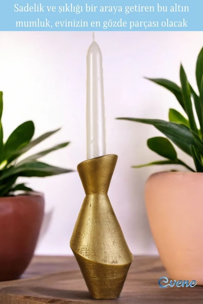 Evene Mumluk Şamdan Ince Mum Uyumlu Altın Eskitme Renk Model 22 - Resim 4