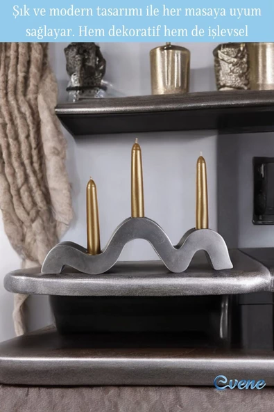 Evene Gümüş Eskitme Renk Mumluk Şamdan Ince Mum Uyumlu Model 13 - Resim 3