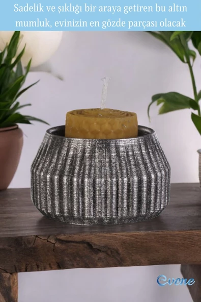 Evene Gümüş Eskitme Mumluk Şamdan Tealight Mum Uyumlu Çizgili Model - 4