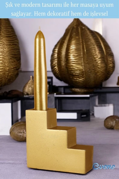 Evene Mumluk Şamdan Ince Mum Uyumlu Altın Renk Model 18 - Resim 3