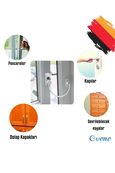 Evene Siyah Pencere Kilidi 2 Adet Halatlı Çocuk Güvenlik Emniyet Hırsız Pimapen Pvc Kapı Bebek Kilit - 5