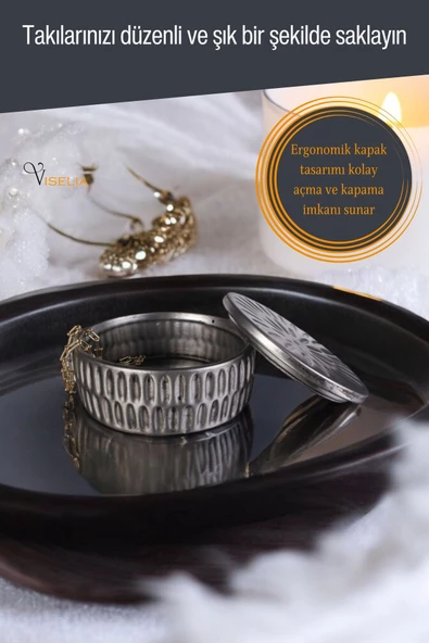 Viselia Takı Kutusu Takı Organizer Kapaklı Kutu Takı Düzenleyici Gümüş Eskitme Renk Model 15 - Resim 3