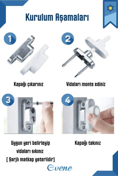 Evene Gri Pencere Kilidi 2 Adet Halatlı Çocuk Güvenlik Emniyet Hırsız Pimapen Pvc Kapı Bebek Kilit - 6