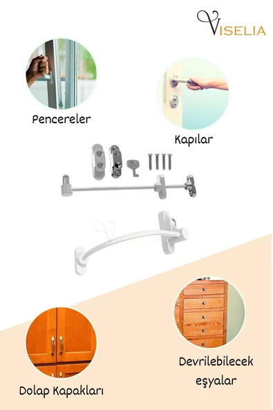 Viselia Anahtarlı Çelik Halatlı Pencere Çocuk Kilidi Çocuk Emniyet Kilidi 6 Adet Beyaz - Resim 5