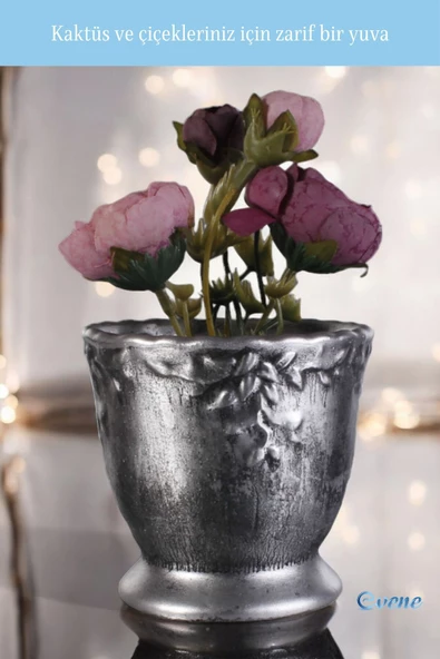 Evene Saksı Dekoratif Saksı Kaktüs Saksısı Sukulent Saksısı Küçük Saksı Model 32 Gümüş Eskitme Saksı - Resim 4