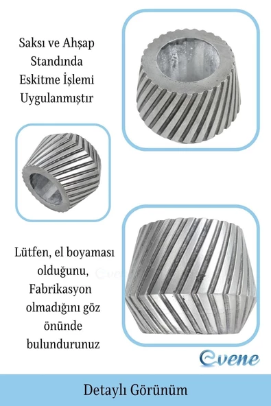 Evene Ahşap Ayaklı Beton Saksı Dekoratif 1 Adet Gümüş Varak Boyalı Eskitmeli Dişli Model - 3