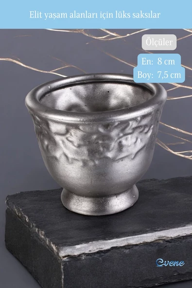 Evene Saksı Dekoratif Saksı Kaktüs Saksısı Sukulent Saksısı Küçük Saksı Model 31 Gümüş Eskitme Saksı - Resim 2