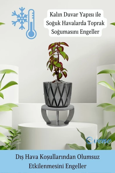 Evene Ahşap Ayaklı Beton Saksı Büyük Boy 1 Adet Gümüş Varak Boyalı Eskitmeli Baklava Model - Resim 7