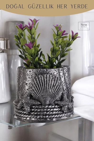 Stein Kohle Dekoratif Saksı Minik Kaktüs Saksısı Gümüş Eskitme Renk 1 Adet Deniz Ürünlü Model - Resim 5