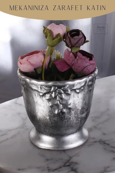 Stein Kohle Dekoratif Saksı Minik Kaktüs Saksısı Gümüş Eskitme Renk Model 32 - Resim 3