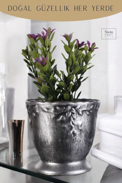 Stein Kohle Dekoratif Saksı Minik Kaktüs Saksısı Gümüş Eskitme Renk Model 32 - Resim 5