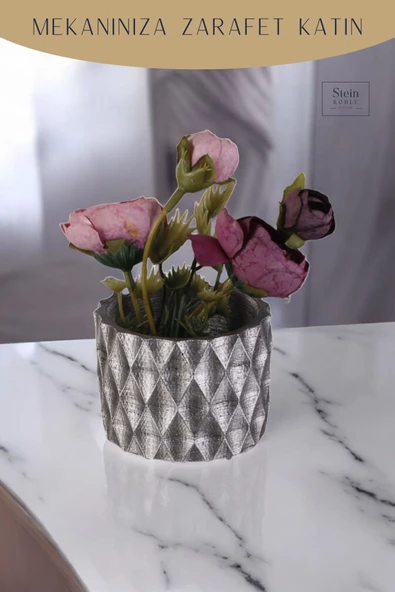 Stein Kohle Dekoratif Saksı Minik Kaktüs Saksısı Gümüş Eskitme Renk 1 Adet Baklava Model - Resim 3