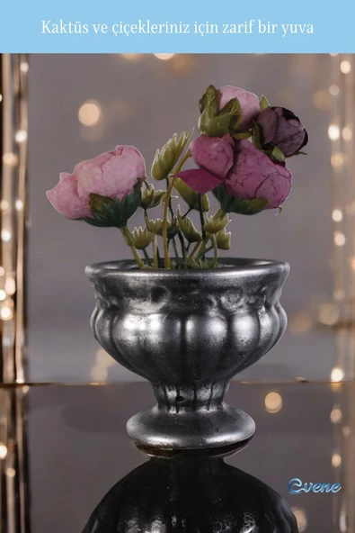 Evene Saksı Dekoratif Saksı Kaktüs Saksısı Sukulent Saksısı Küçük Saksı Model 34 Gümüş Eskitme Saksı - Resim 2