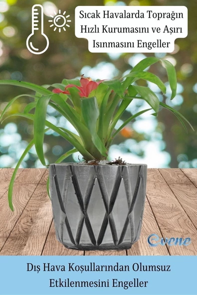 Evene Ahşap Ayaklı Beton Saksı Büyük Boy 1 Adet Gümüş Varak Boyalı Eskitmeli Baklava Model - Resim 6